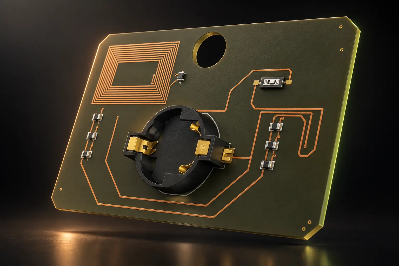 PCB 工牌背面电池、独立照明电路与 NFC 线圈产品级渲染